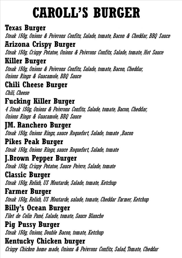 Menu Pourrières, AixenProvence, Brignoles CAROLL'S CLUB