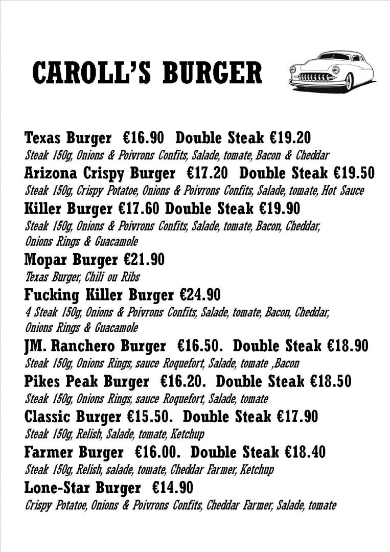 Menu Pourrières, AixenProvence, Brignoles CAROLL'S CLUB